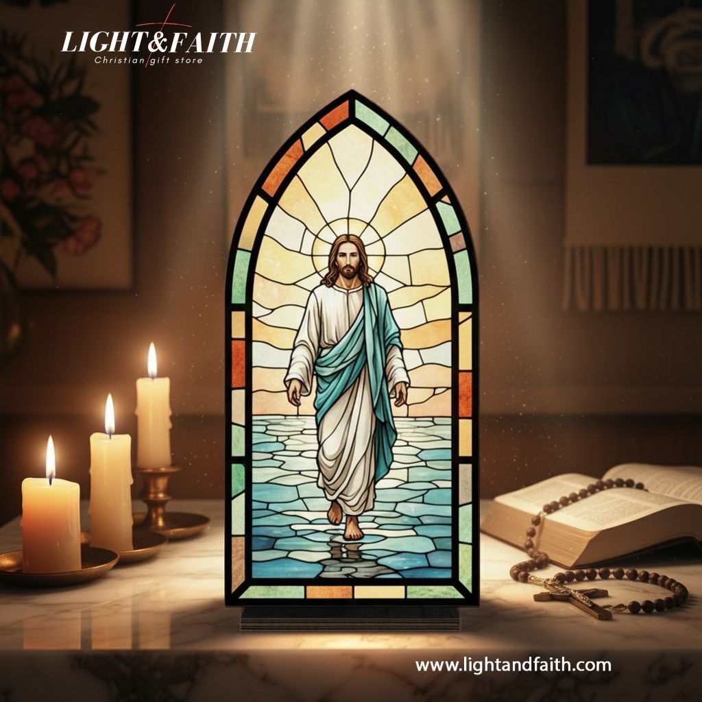 Jesus Walking on Water Book Nook, Stained Glass Style Acrylic Decor, Christian Gift, Religious Home Decoration, Faith Art Display BNLAF08